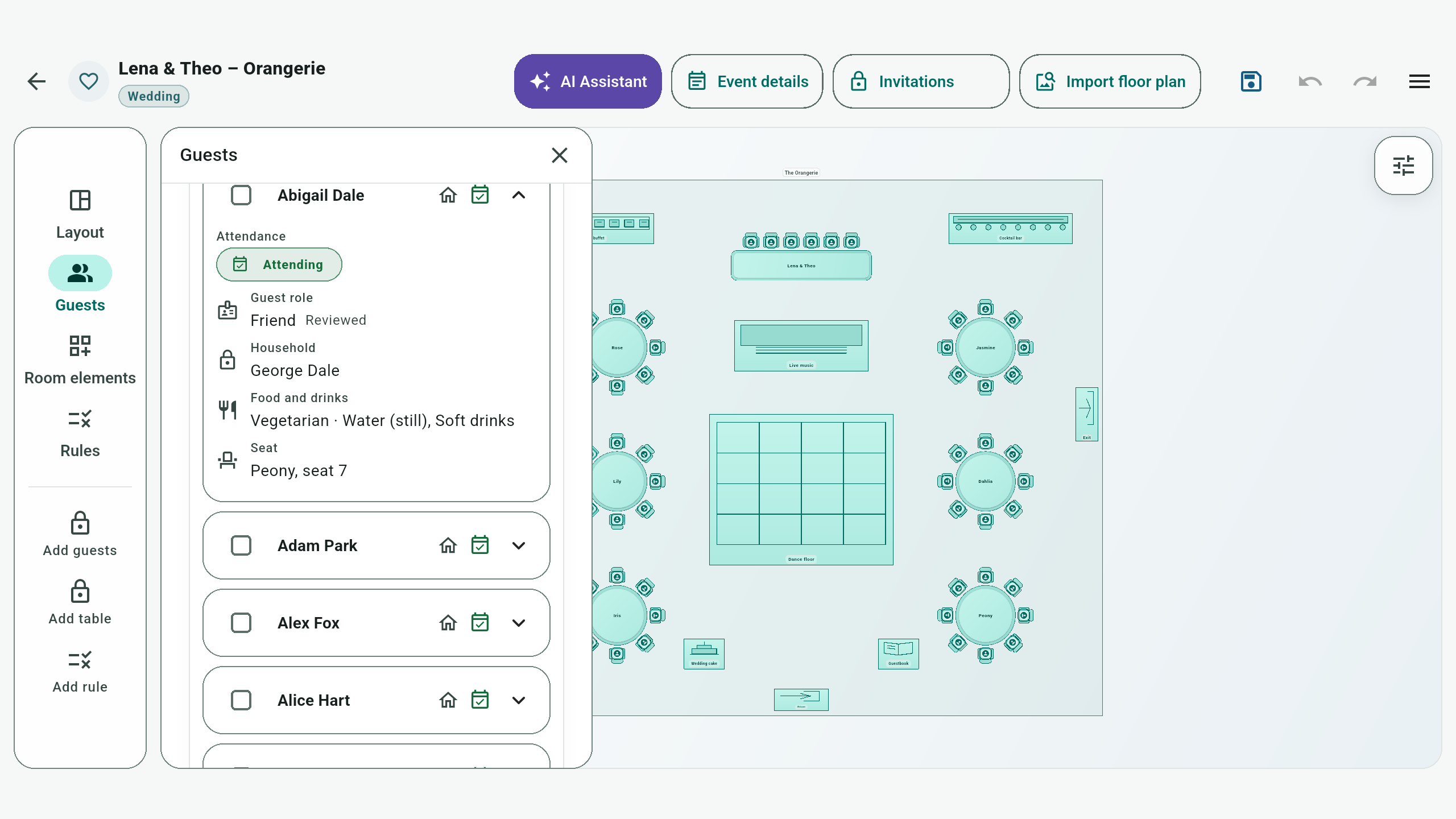 Guest details showing household, attendance, seat, meal and drink preferences.