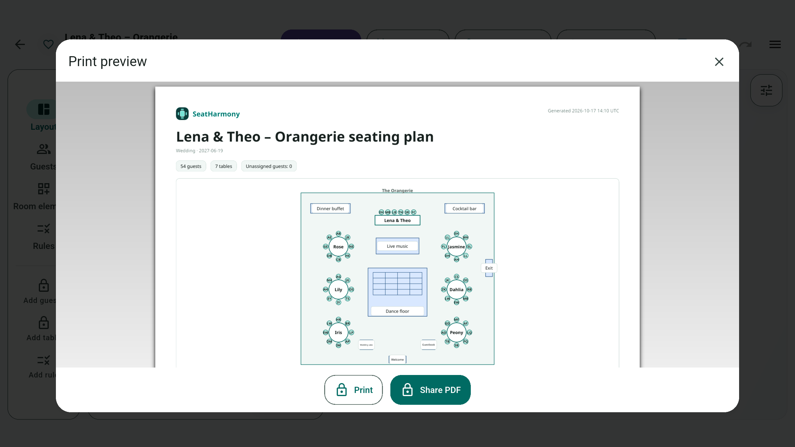 PDF preview of the wedding seating plan with print and share controls.
