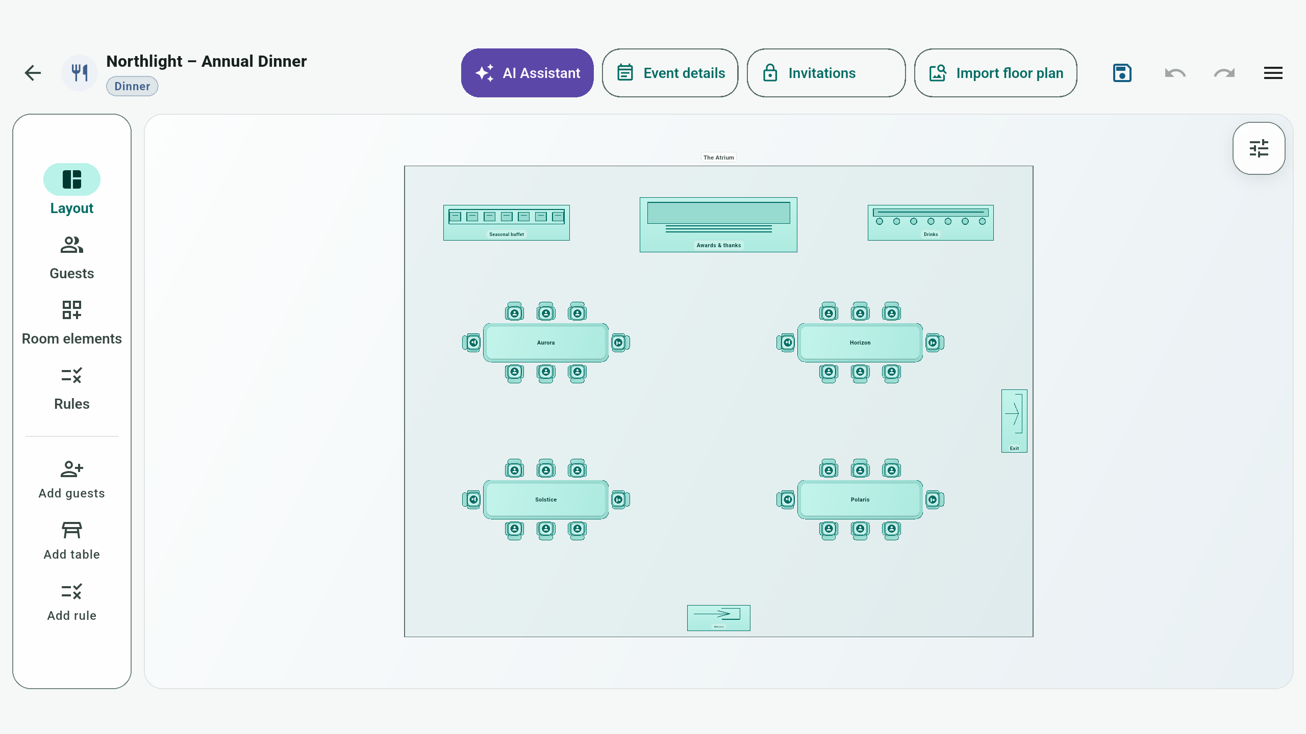Annual dinner seating plan for 32 guests at four tables with a stage and open aisles.
